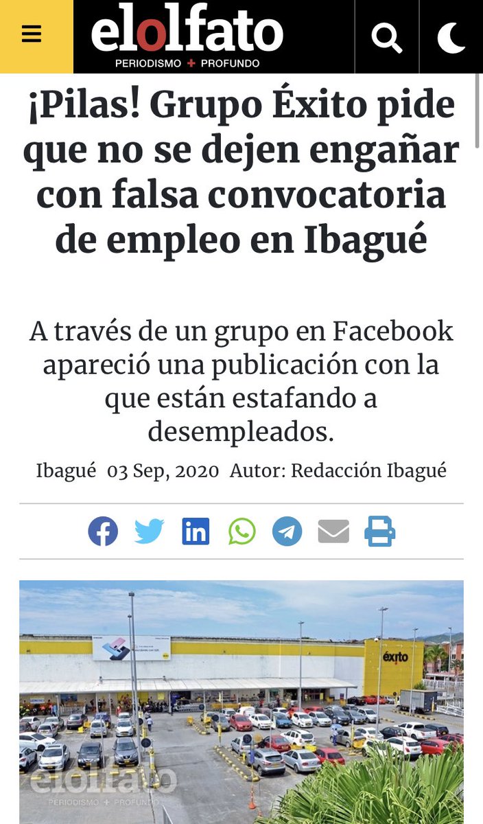 vecinoibague's tweet photo. #PILAS 🛑⚠️Pilas⚠️Grupo Éxito pide que no se dejen engañar con falsa convocatoria de empleo en #Ibagué. A través de un grupo en Facebook apareció una publicación con la que están estafando a desempleados.

https://t.co/bXh2W9Lgro https://t.co/fMdr5axfEL