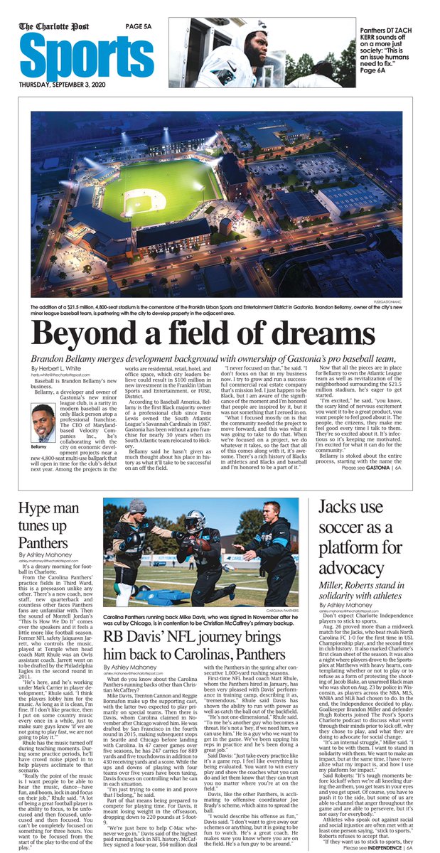 thecharpost's tweet photo. In Sports: Brandon Bellamy's focus on baseball and development in Gastonia; Mike Davis aims for a spot behind Christian McCaffrey; @Independence @DVOtwosix and @hughrob13 take a stand for social justice. On newsstands. #BlackPress #readlocal #PaperThursday https://t.co/MxOEt0vjGM