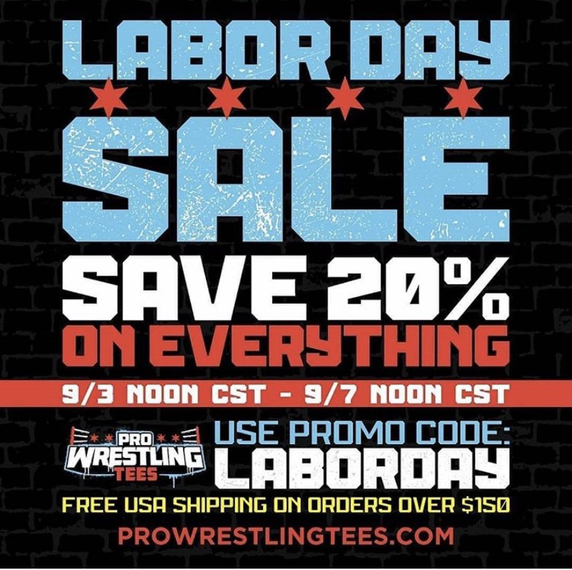 MikyMambo's tweet photo. Labor Day sale begins today!!!! Save 20% off on all purchases, just visit https://t.co/sACLkn76J0 #ElRef #ElRef123 #ElRefNation #ProWrestlingTees #Wrestling #ProWrestling #LaborDay https://t.co/hmanm7uaa4