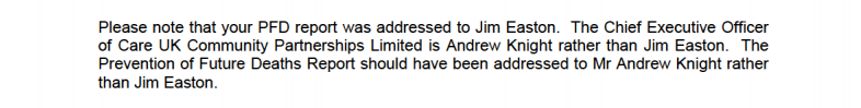 This is followed by such a pernickety point, it really got my back up. The wording, such entitlement and arrogance, correcting the Coroner on who she should have addressed her PFD to.[I guess in  @careUK's world it's all about them, not about Mr Gregory, or anyone else]