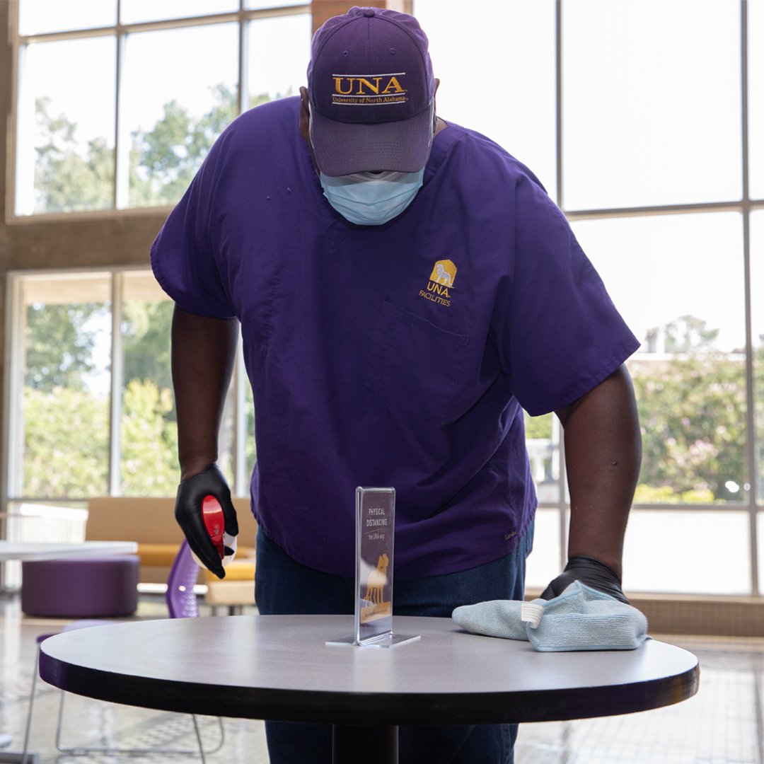 north_alabama's tweet photo. We wanted to take a moment to recognize those who had a part in making the return to campus as safe as possible:  From building shields, to placing physical distancing stickers, cleaning high-touch areas throughout the day, and everything else that occurred, THANK YOU! 💜 #myUNA https://t.co/g2Wv3FS78m