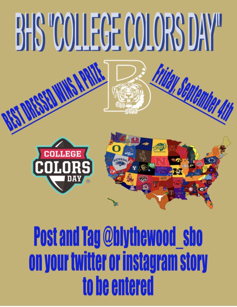 blythewood_401's tweet photo. Hey Bengals‼️The first Friday of the school year always calls for... A SPIRIT DAY✨✨

Show us who you cheer for by rocking your favorite college’s colors tomorrow! Use the hashtags #bengalcollegeday and #thefutureis______ (insert college colors here). https://t.co/ZchPpqL8Ho