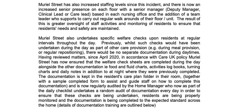 Turns out they've apparently increased staffing, and now 'undertake specific welfare checks upon residents at regular intervals throughout the day'. [I mean, help me out here, what the feck did they think specialist dementia care involved?]