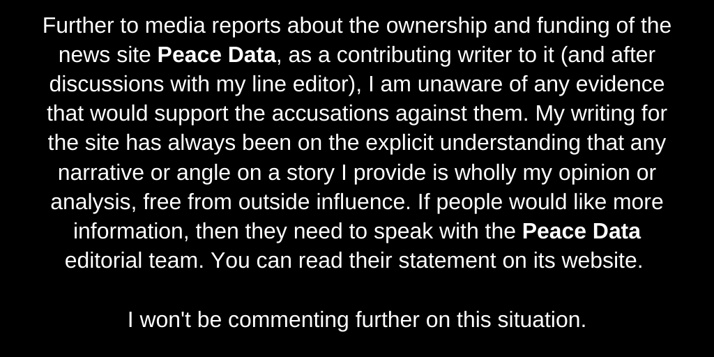 MrTopple's tweet photo. My statement on the media reports surrounding the news site Peace Data, which I am a contributing writer to #PeaceData https://t.co/XnMcjT821A