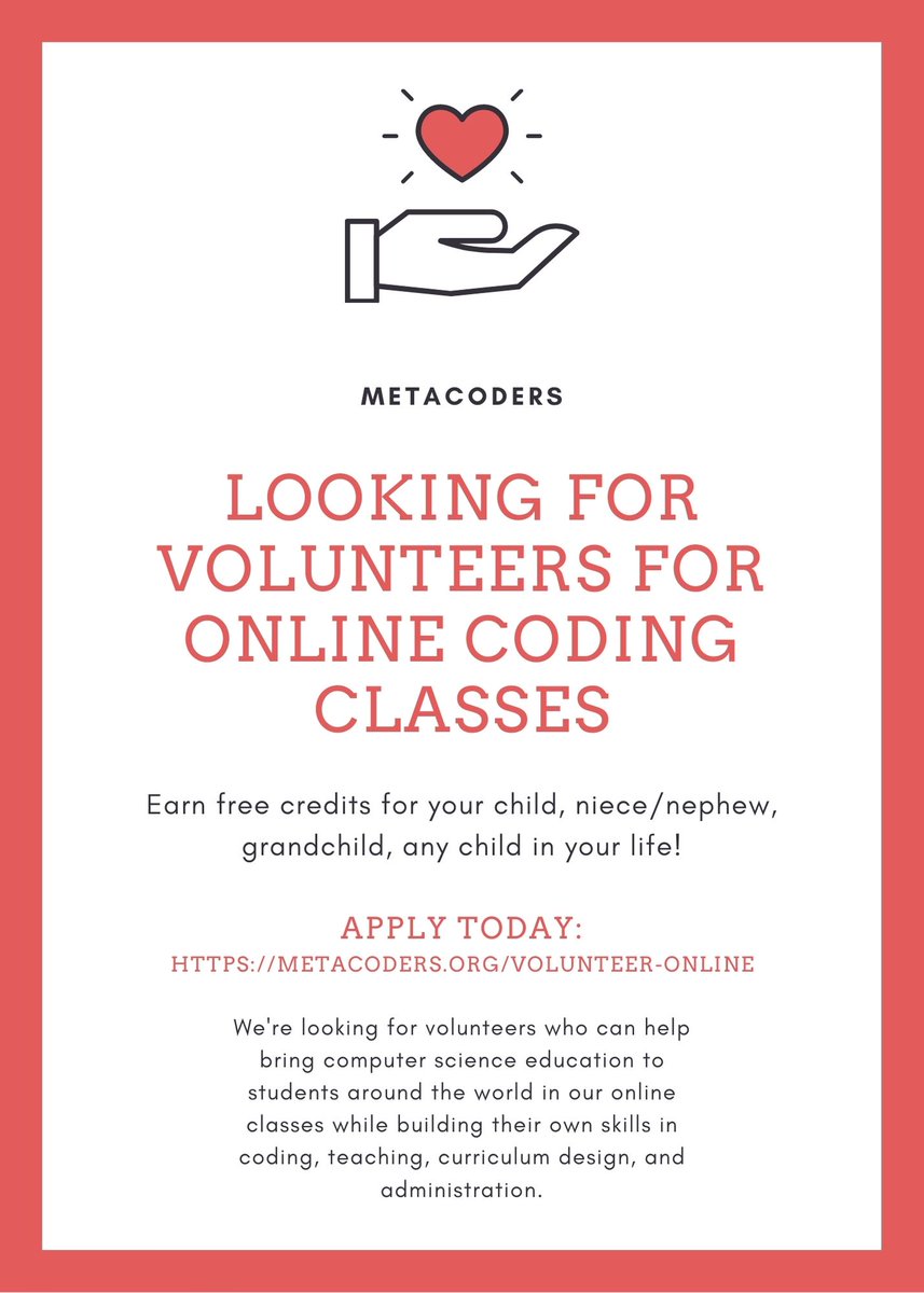 metacoders's tweet image. Our #nonprofit is looking for volunteers! Learn more and apply here: metacoders.org/volunteer-onli… nonprofit #csforall