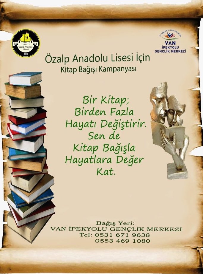 NecdetTakva's tweet photo. Özalp Van’ın en güzel ilçelerinden biridir. 
Özalplılarda Van’ın derin toplumsal hafızasının önemli temsilcileridir. 
Biz de Özalp ilçemizdeki Anadolu Lisesi için başlatılan kitap kampanyasına, 50 adet klasikle katkı sunacağız. 
@imparatorv https://t.co/jmKlFmbBeo