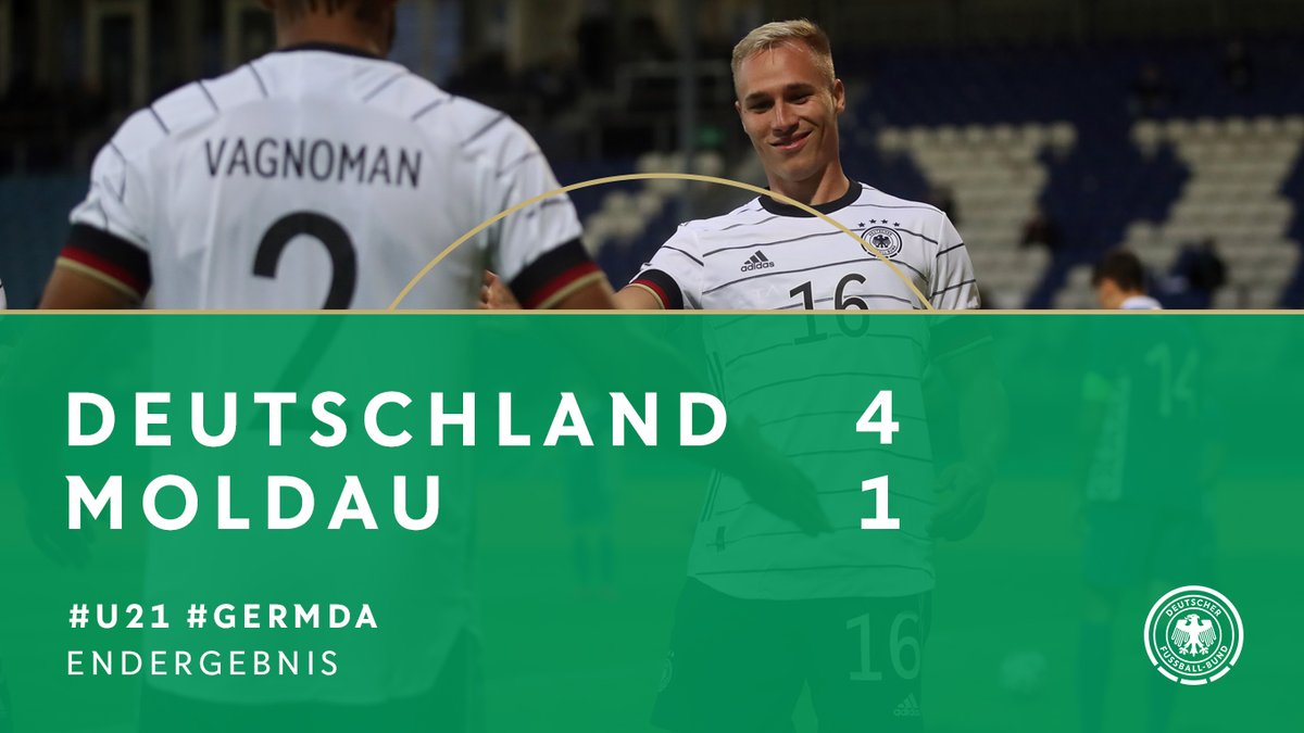 DFBNachwuchs's tweet photo. ⏱️ 90. + 5 Min.
Abpfiff! Unsere 🇩🇪 #U21 gewinnt mit 4:1 gegen Moldau. Sauber, Jungs! 💪
⚽ 4:1 #GERMDA
#HERZZEIGEN https://t.co/xmfASPTrgr