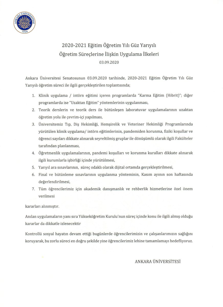 necdetunuvar's tweet photo. Ankara Üniversitesi 2020-2021 Eğitim Öğretim Yılı Güz Yarıyılı Öğretim Süreçlerine İlişkin Uygulama İlkeleri..

Yeni Eğitim Öğretim Yılı öğrencilerimize ve bütün @AnkaraUni mensuplarına hayırlı olsun. https://t.co/5JtkUN7md3