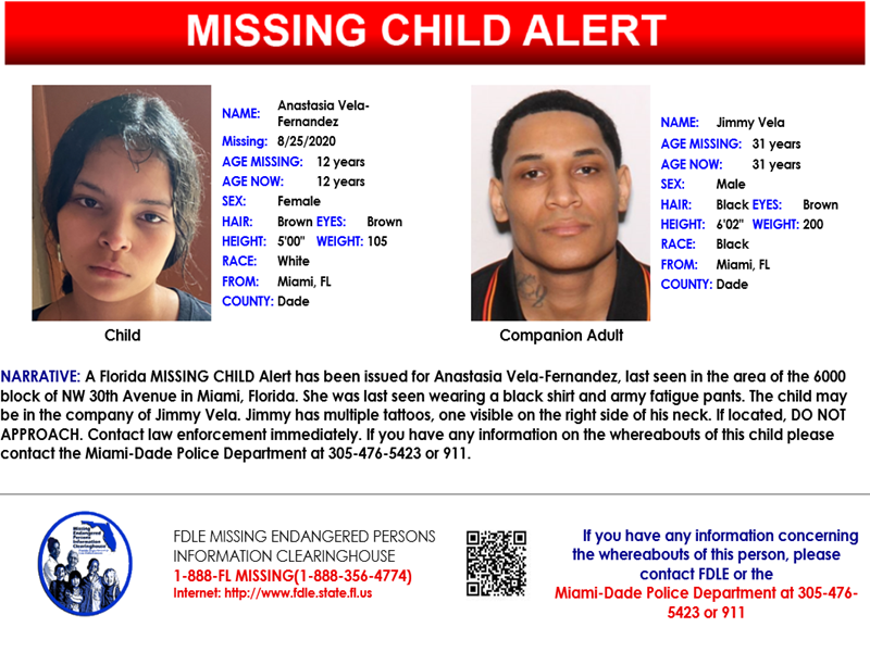 fdlepio's tweet photo. PLEASE SHARE!

FL MISSING CHILD Alert has been issued for 12yo W/F Anastasia Vela-Fernandez, last seen in Miami wearing a black shirt and army fatigue pants. May be w 31yo Jimmy Vela. If located, DO NOT APPROACH. Contact Miami-Dade PD at 305-476-5423 or 911. #FLMissingChild https://t.co/FzGbbMahK5