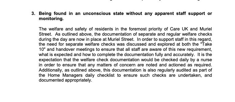 [None of their answers really address the heading they claim to address]We hear again about documentation, welfare checks, handover meetings, audits[Surely all of this stuff was happening anyway  @CareUK]