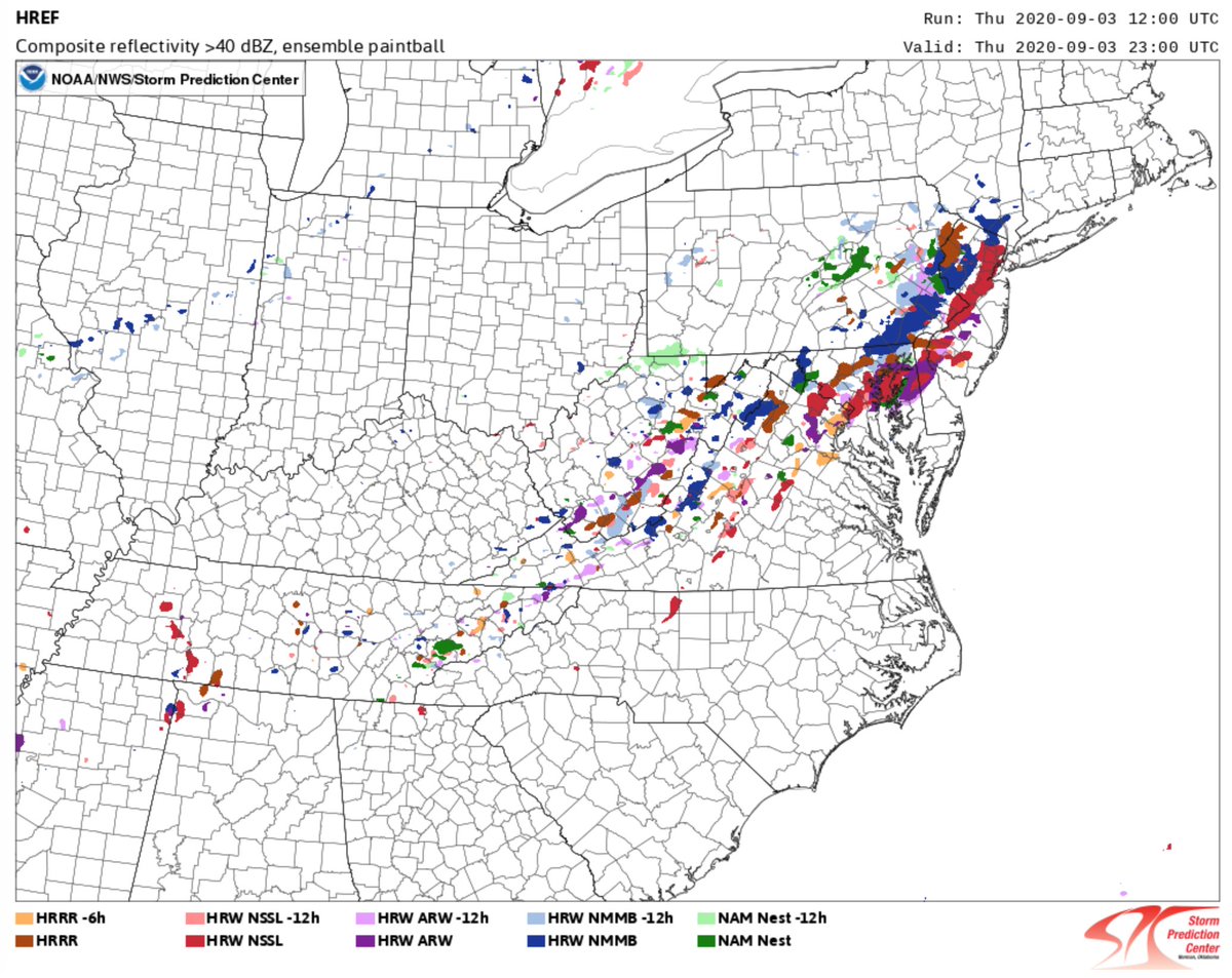 Many of the HREF member depict the segment of convection in the DC area as being more east-west oriented (which I think might end up being right for the wrong reasons), but if this is the case, that implies the storms in that east-west segment might not stay discrete.