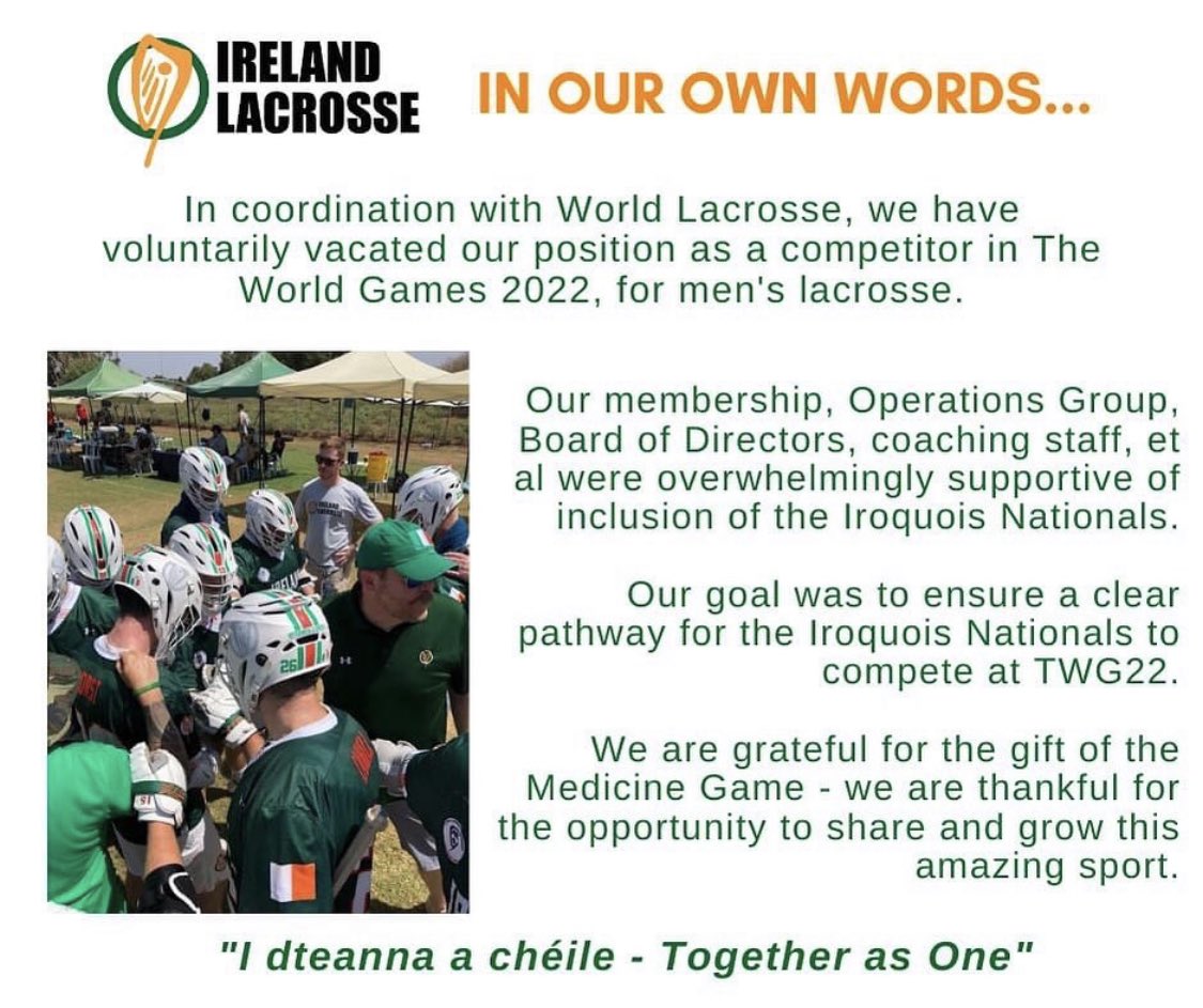 AedanK23's tweet photo. I am proud to be part of @irelandlacrosse and I’m proud that we took a stand to support @IrqLax in being excluded from @TWG2022. 
When we stand together we are stronger than when we are alone.
We are 
#Idteannaachéile #TogetherasOne￼

@worldlacrosse @2021worldu20lax @twg2022 https://t.co/zezWp86hVE