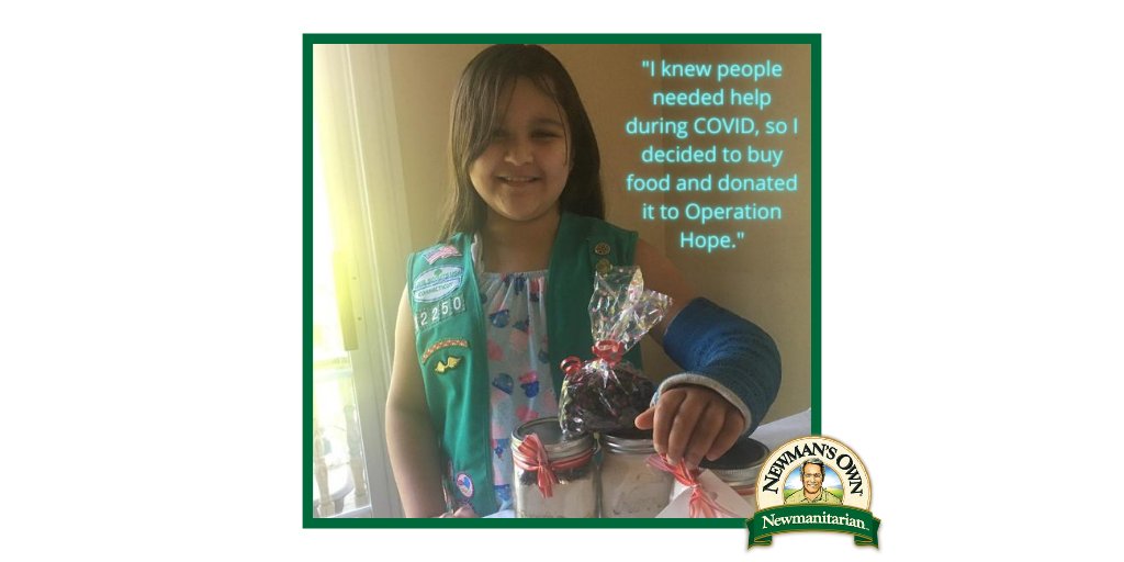 NewmansOwnFdn's tweet photo. Anjali Bandari is a #Newmanitarian! The 10-year-old and Junior Girl Scout from Fairfield, Connecticut, donated $400 to local food pantry, @OperationHopeCT after selling do it-yourself cookie kits! 

Great work Anjali! Leave a ❤️ for her. #Covid_19 #GirlScoutsAtHome #Newmansown https://t.co/xI5bzP0i8B