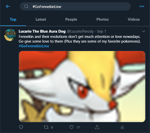 LucarioParody's tweet photo. I'm still hoping braixen gets more popular. #GoFennekinLine (also how did I get top?) https://t.co/mK7cCwZ9Kk