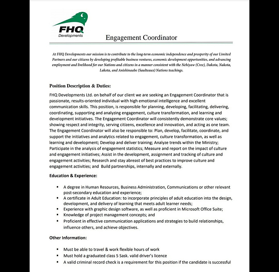 FHQDev's tweet image. We are seeking a Full-Time permanent Engagement Coordinator. 

APPLY ONLINE &amp;amp; follow the 3 step process to complete your application. 

Preference will be given to FHQ Developments Candidates. 

#TokataHRSolutions #hiring
#FHQDEV #IndigenousProfessionals
#Indigenous #fulltime