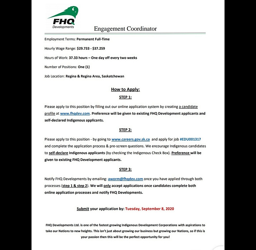 FHQDev's tweet image. We are seeking a Full-Time permanent Engagement Coordinator. 

APPLY ONLINE &amp;amp; follow the 3 step process to complete your application. 

Preference will be given to FHQ Developments Candidates. 

#TokataHRSolutions #hiring
#FHQDEV #IndigenousProfessionals
#Indigenous #fulltime