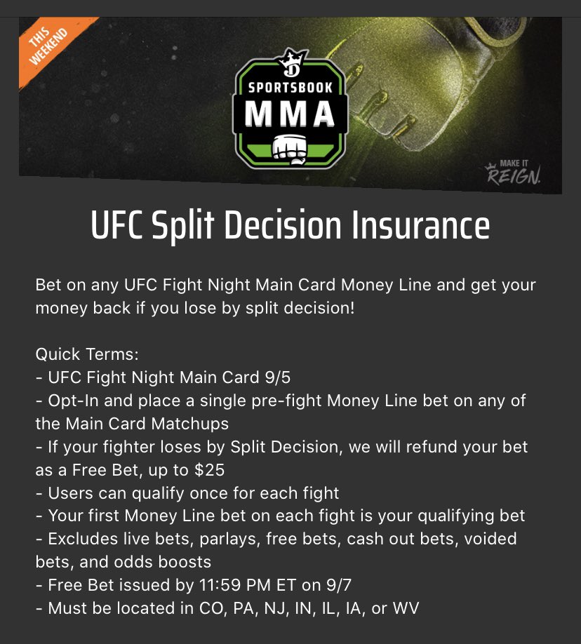 PrestoPromos's tweet photo. I LOVE UFC 💥 And you should too

🟢DraftKings Sportsbook
🟢Max bet: $25
🟢Promo type: insurance

Recommendation: Find the fights that are expected to go the distance. These have the highest chance of ending in split decision. It’s not about the fighter, it’s about it the fight https://t.co/AiEPfhQaX4