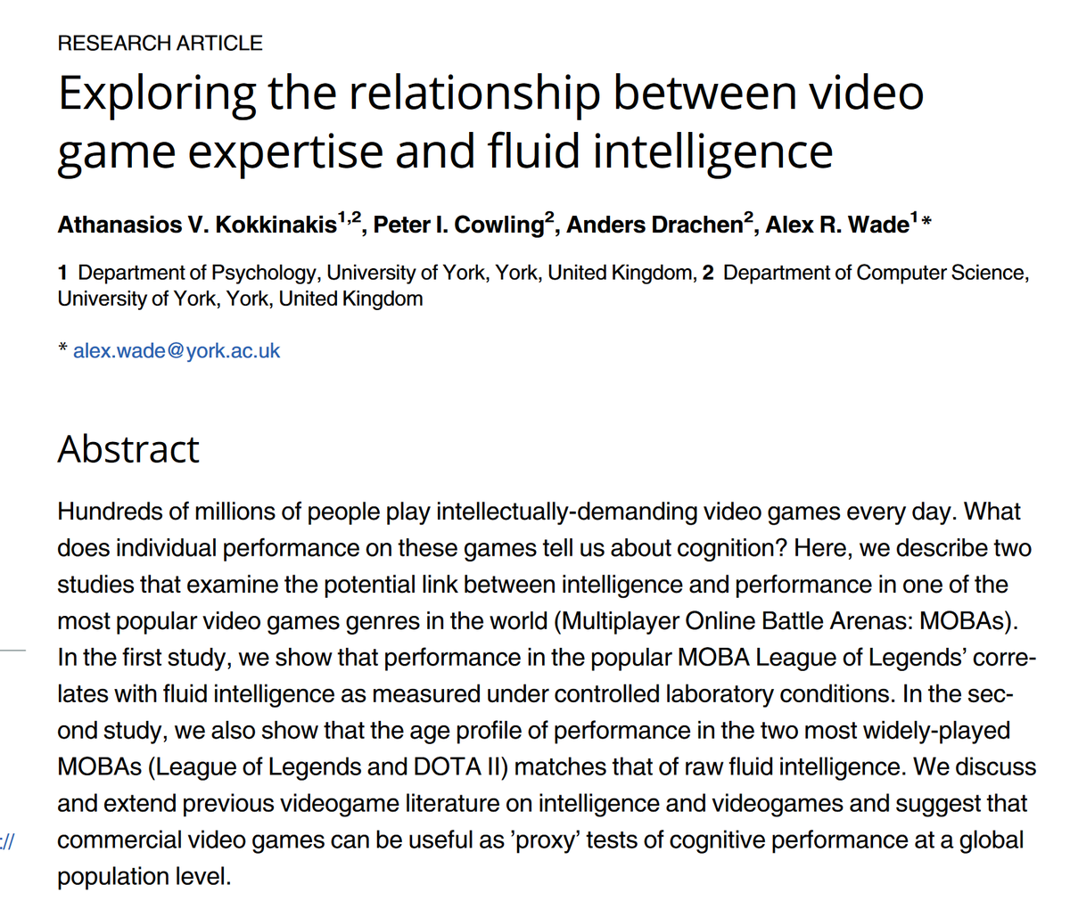 Some video games actually do work as effective tests of fluid intelligence. 
⌨️Performance in MOBAs like League of Legends and Dota correlates with intelligence
🎮Performance in first-person shooters like Battlefield 3, Destiny, and (likely) Fortnite don't show the same pattern