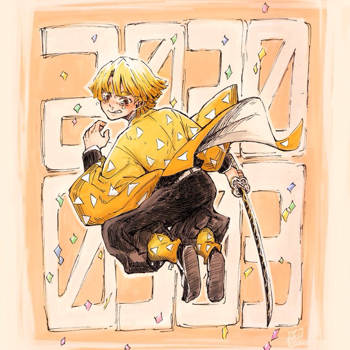 呑ん︎︎︎さんがTwitterに投稿した我妻善逸(鬼滅の刃)のイラスト。
