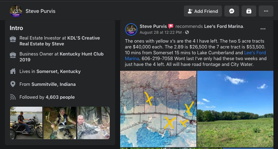 Steve Purvis, Somerset, KY gave $35 to  #KyleRittenhouse's legal defense, hosted by a fascist org  https://facebook.com/steve.purvis.927 Steve appears to be the small business owner of KDL's Creative Real Estate by Steve. Not clear if it's still active FB page & phone:  https://www.facebook.com/kdlcreativerealestate