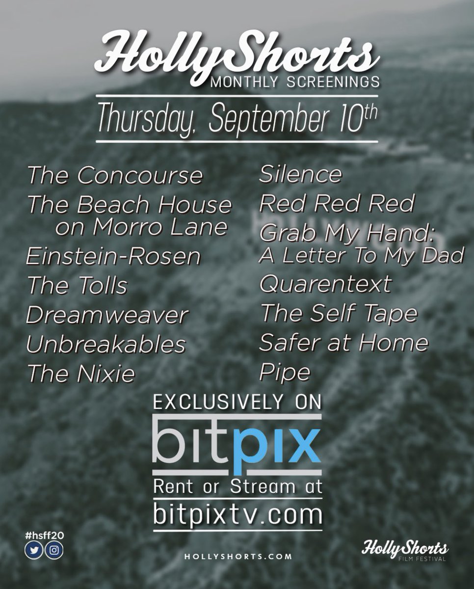 HollyShorts's tweet photo. Our popular new bi-monthly screening series returns and will be available for streaming Thursday September 10th exclusively on Bitpix!!
You can get your streaming pass today! Visit @bitpixtv #monthlyscreening #shorts #shortfilm #bitpix #hollyshorts https://t.co/WTQJb6k9uN