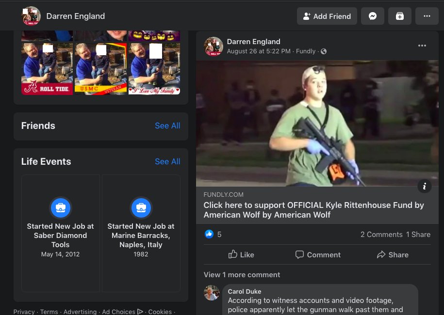 Darren England of Villa Rica, GA gave $20 to  #kylerittenhouse fundraiser hosted by fascists & posted his fb profile pic:  https://facebook.com/darren.england1  Darren is assistant manager (bc ofc!) at Saber Diamond Tools so do let them know:  http://saberdiamond.com/contact.asp  &  https://facebook.com/profile.php?id=147988248578729&__tn__=C-R