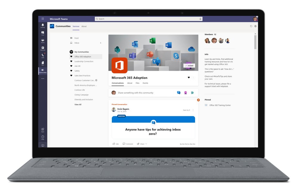 A graphic of the Yammer app in Microsoft Teams on a laptop device.