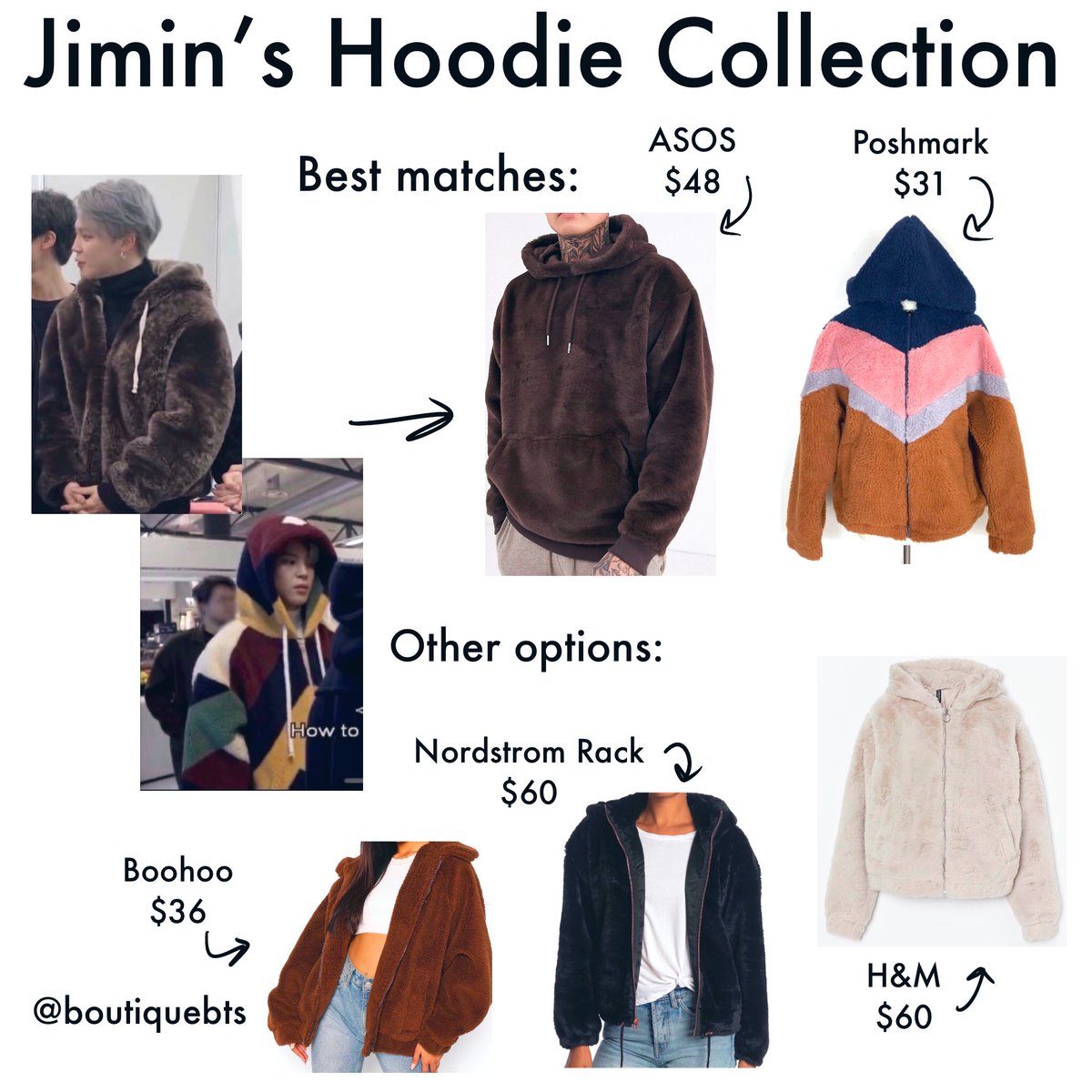 boutiquebts's tweet photo. #Jimin’s Faux Fur Hoodies
Request filled: @bts_have_me

I couldn’t find exact dupes, but I tried to find as close as I could. I threw in a couple extra that just look cozy and Jimin-esque. I hope you like them!

#jimincloset #jiminstyle #jiminfashion #btsstyle #btsfashion https://t.co/L2X3Ru76a4