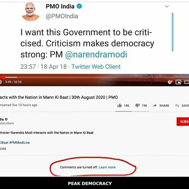 Once Modi ji said, i want this govt to be criticised. Criticism makes democracy strong. 
By But disabling comment section of Man ki baat video what they are trying to prove ??

#JEEFailedPostponeNEET 
#SupremeCourt_PostponeNEETJEE 
#Nation_Hate_Modi 
#StudentsLivesMatter