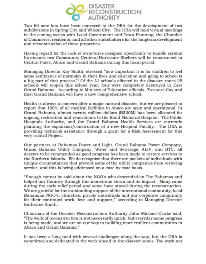 PMDeliveryUnit's tweet photo. As Abaco and Grand Bahama commemorate the 1 year anniversary of Hurricane Dorian, the Disaster Reconstruction Authority issued the below press release outlining much of their progress on the islands to date. Reconstruction of these islands remain a #KeyPriority of @opmthebahamas https://t.co/s4Crm03BXr