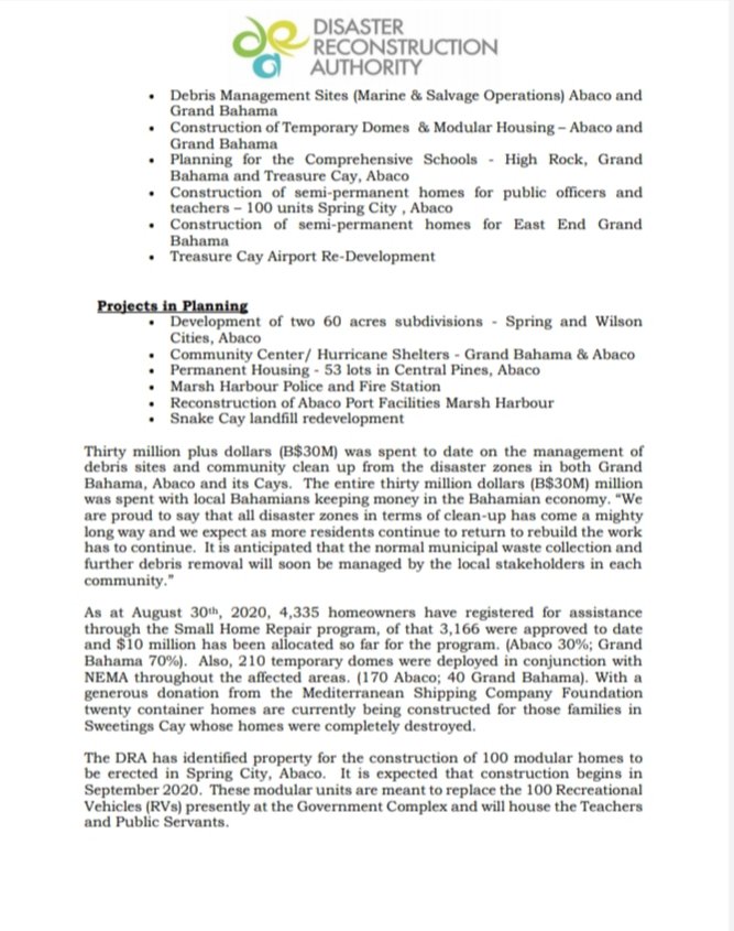 PMDeliveryUnit's tweet photo. As Abaco and Grand Bahama commemorate the 1 year anniversary of Hurricane Dorian, the Disaster Reconstruction Authority issued the below press release outlining much of their progress on the islands to date. Reconstruction of these islands remain a #KeyPriority of @opmthebahamas https://t.co/s4Crm03BXr