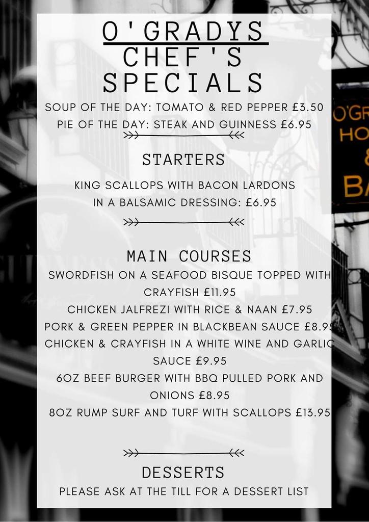 JoWilson12's tweet photo. Specials Menu, all freshly cooked, 2 for ยฃ12 during September menu also available alongside the main menu and Sunday Lunches to die for. #SupportLocalBusinesses #OGradys #Food https://t.co/PjUxZ7NW6m
