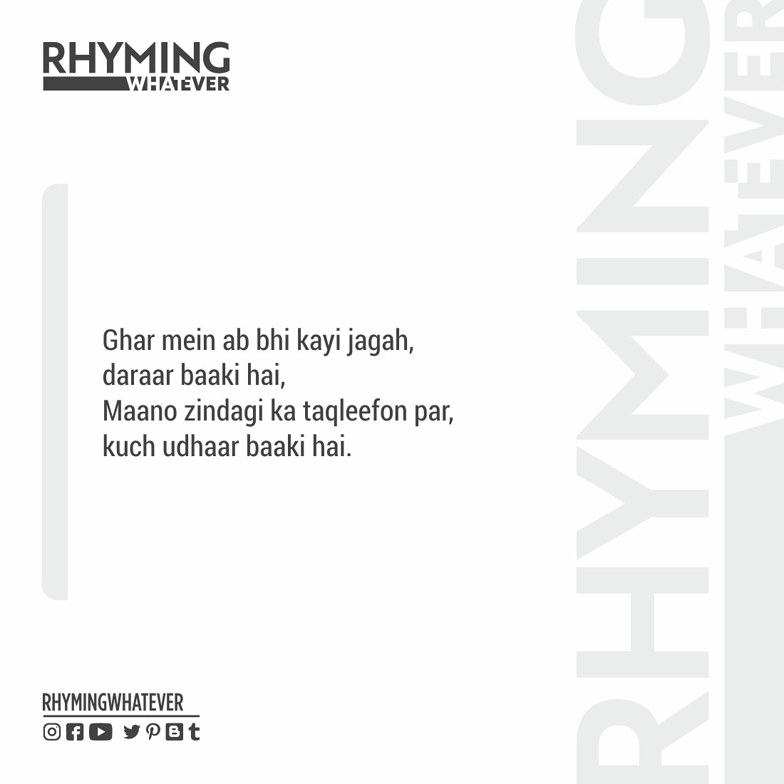 rhymingwhatever's tweet photo. "Daraar"

@rhymingwhatever 

#rhymingwhatever #kuchyunlikhahai #poet #poetry #quotes #shayari #micropoetry #microtale #microfiction #love #life #familyquotes #family #motivationalpoetry #relationshipquotes #lovequotes #lifequotes #moviequotes #wordsofwisdom #gulzarpoetry #gulzar https://t.co/wmYswTHFdp