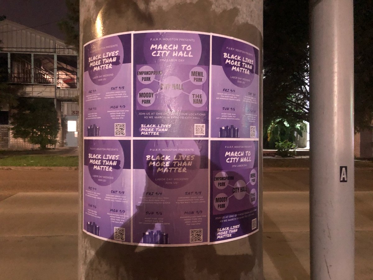 PURPhouston's tweet photo. 👀👀👀 have y'all seen these wheatpasted around town? We're hyped to be part of such a supportive and creative community! See y'all this weekend 💜💛💜💛 https://t.co/p7LTRyKtnK