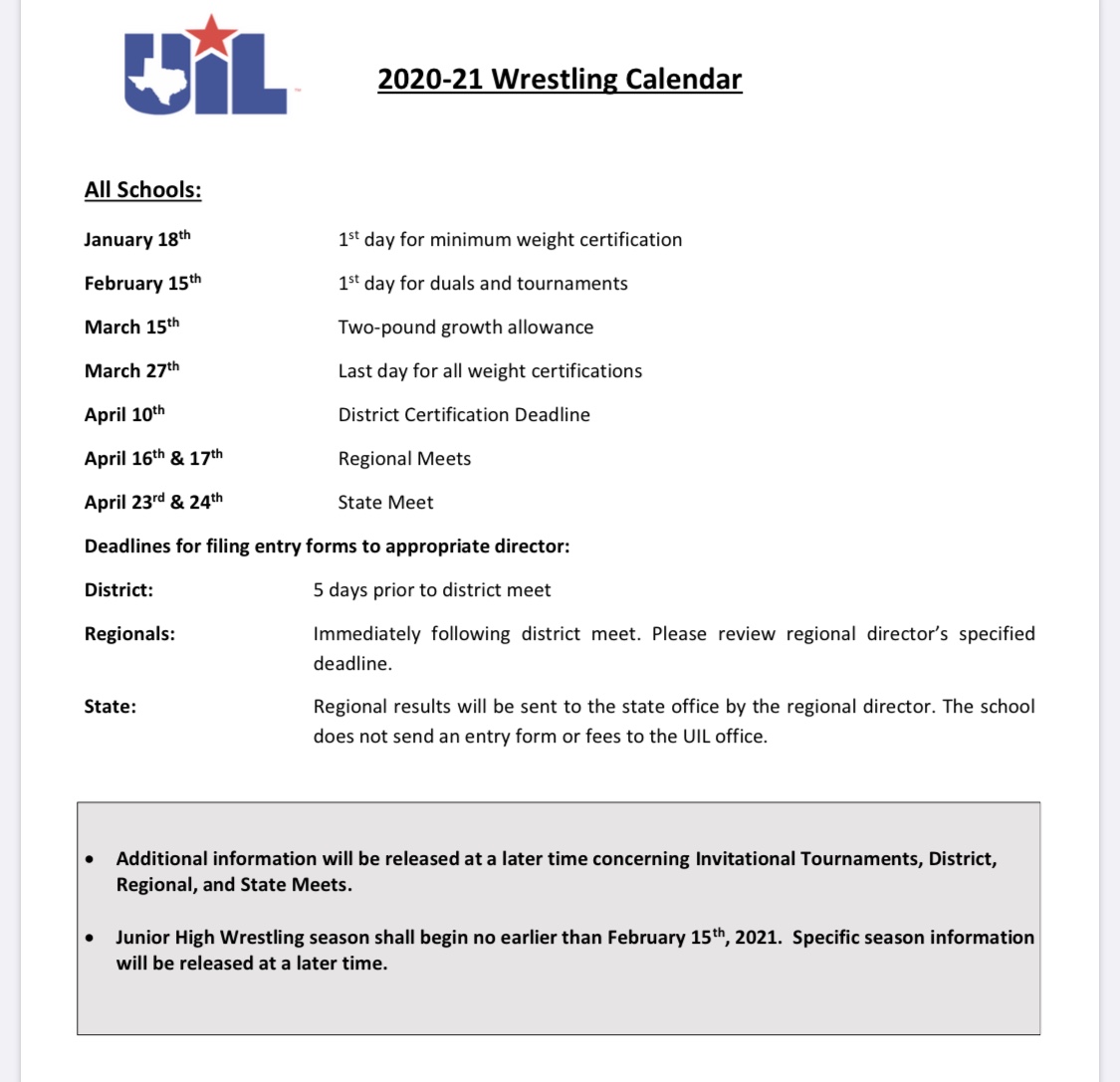 LHwrestlingTX's tweet photo. Welcome to a new year of LHHS Wrestling.
UIL just released the attached 2021 wrestling calendar.
Weβll be back with more news in the coming weeks.
#SimplyBelieve
@LHWildcatClub
@kerrijones03
@LHHS_Fang
@ExchangeClubLH
@LakeHighlandsHS
@LHpowerlifting https://t.co/f9XMyEMQPI