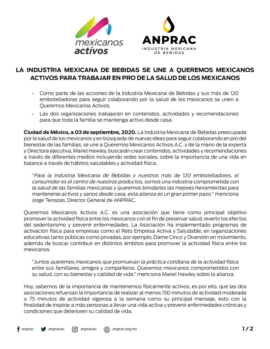 MexBebOficial's tweet photo. #Comunicado La Industria Mexicana de Bebidas se une a Queremos Mexicanos Activos para trabajar en pro de la salud de los mexicanos. 🙌🏼❤️🇲🇽 https://t.co/n6il5Q297k