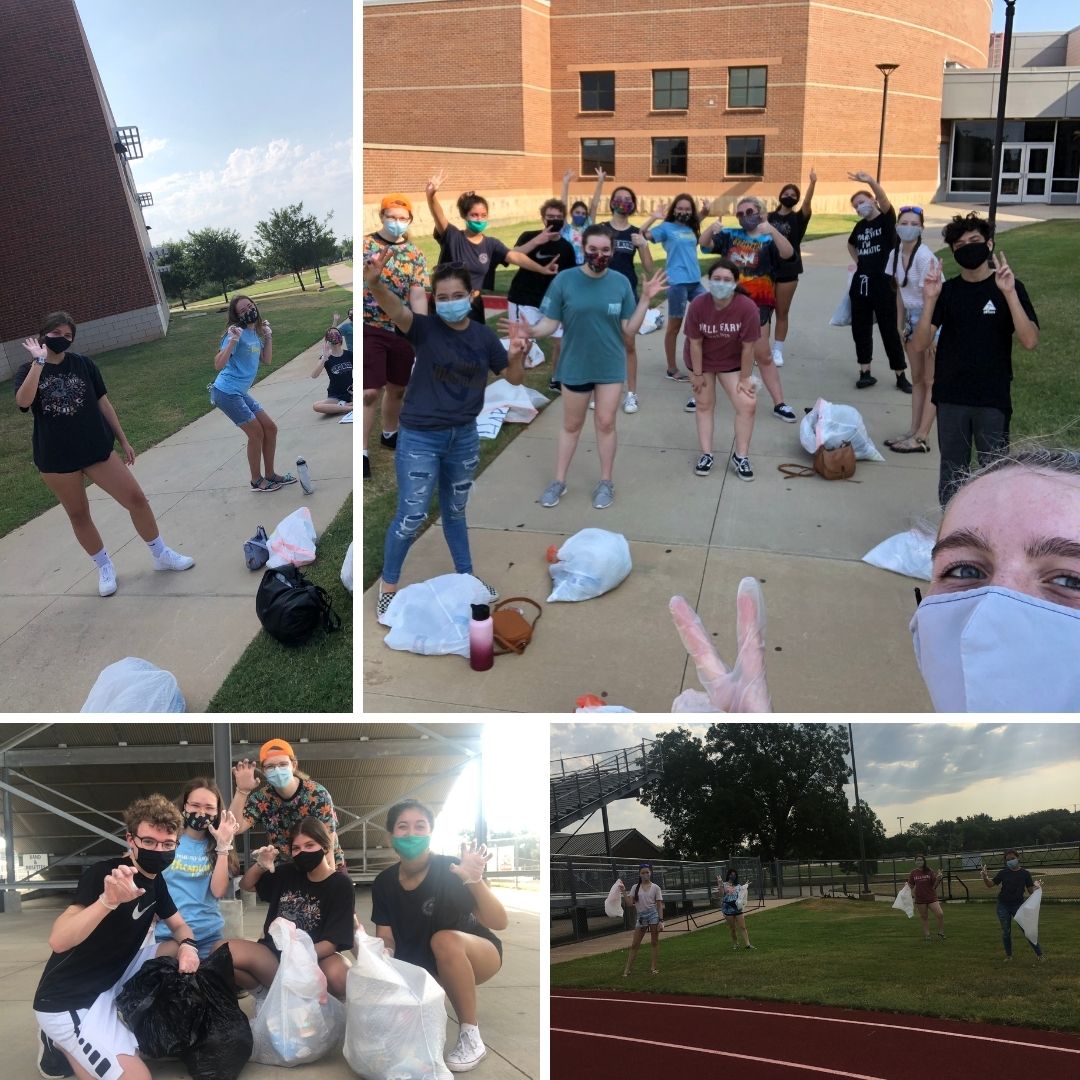 FlowerMoundHS's tweet photo. The FMHS International Thespian Society 🎭 held a student-led campus clean up day last Saturday! 💙  They worked hard to get our campus ready for in-person learning next week and we are so thankful for their valuable service to our campus! 

#goFMjags #celebrateFMHS 💙🐆🐾 https://t.co/weQ13j05CI