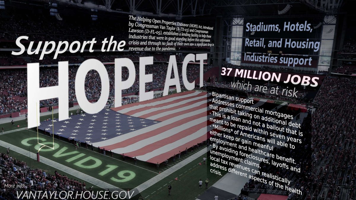 Jeffrey57973225's tweet photo. @RepDLamborn Bipartisanship is crucial. Businesses dealing with commercial real estate are reeling from #COVID19. @RepVanTaylor and @RepAlLawsonJr's bipartisan work on the #HOPE_Act provides debt relief assistance as a loan to help keep their staff on payroll. Details: https://t.co/5MjH9geWeu https://t.co/miuKwggzdx