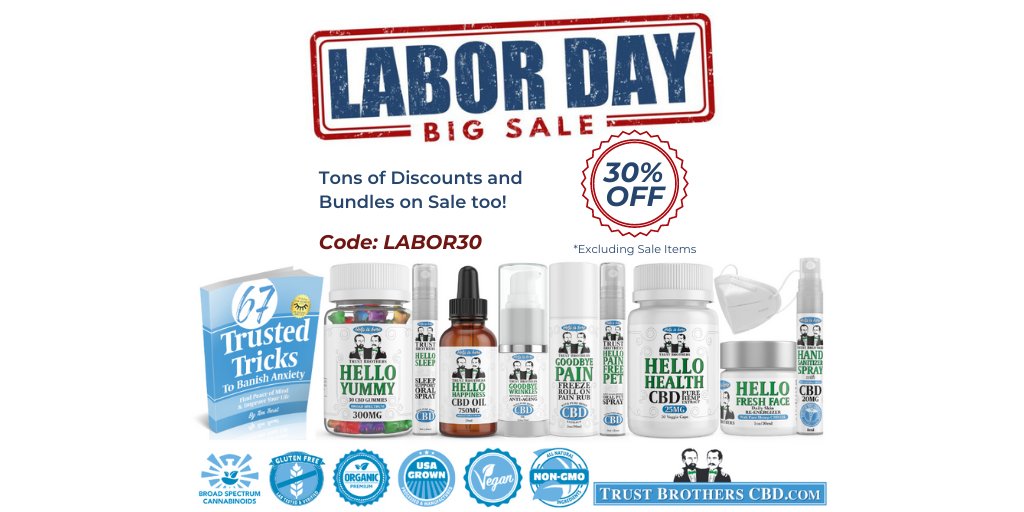 TrustBrosCBD's tweet photo. A day to relax is coming. 🇺🇸 
You deserve to smile and relax.

ENJOY 30% OFF! 
#labordaysale #healthandwellness
* Sale items excluded.
Shop Safe &amp; Secure in Our Online Store...

At Checkout Use Code: LABOR30  
https://t.co/U3D9ahpKAR https://t.co/iVCXXSkicI