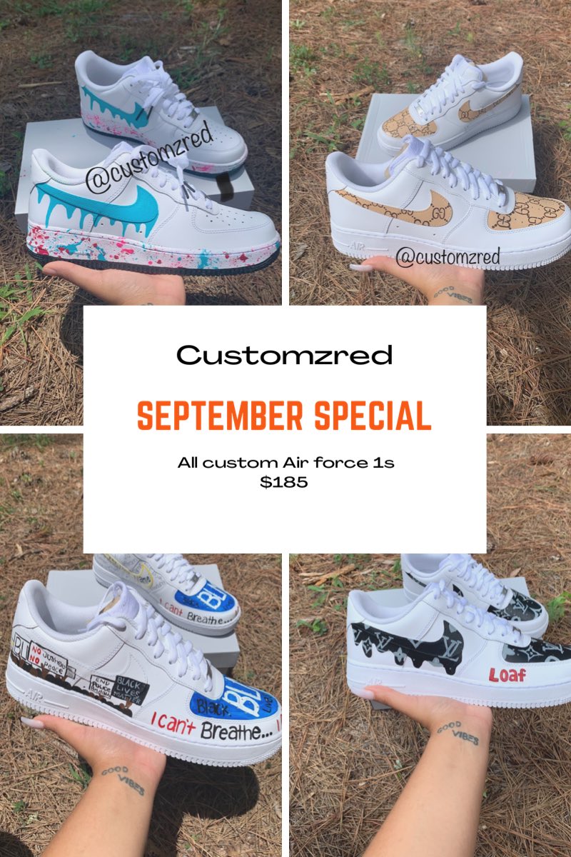 Official_Tyisha's tweet photo. 🚨🍂September special for custom Air Force 1s 🍂🚨 Shoes and shipping is included in the price. 
#Tcustomz #art #artist #customaf1s #freehand #blackownbusiness #atlanta #customizework https://t.co/sqFb6C6bLj