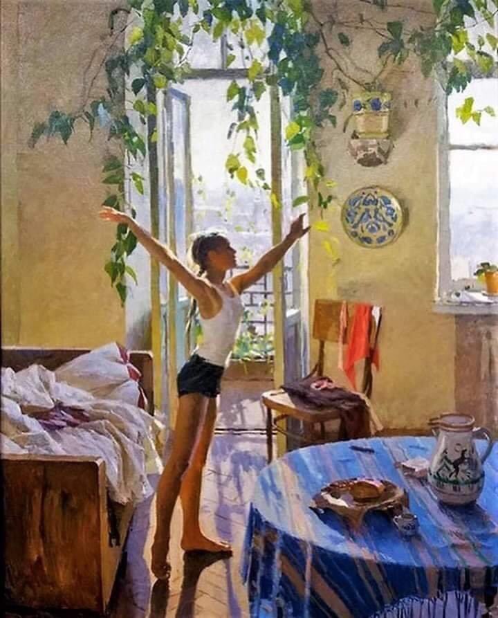 Tatiana Yablonskaya "Morning", 1954. Canvas, oil. 169 x 110 cm, State Tretyakov Gallery, Moscow.