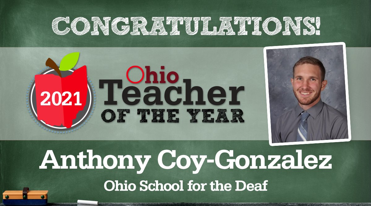 JUST ANNOUNCED: Anthony Coy-Gonzalez is Ohio's Teacher of the Year!

Visit education.ohio.gov/Media/Media-Re… to meet this extraordinary educator and learn how he inspires students and the @OHDeafSchool community.

#OhioLovesTeachers #OhioTotY #OhioEd