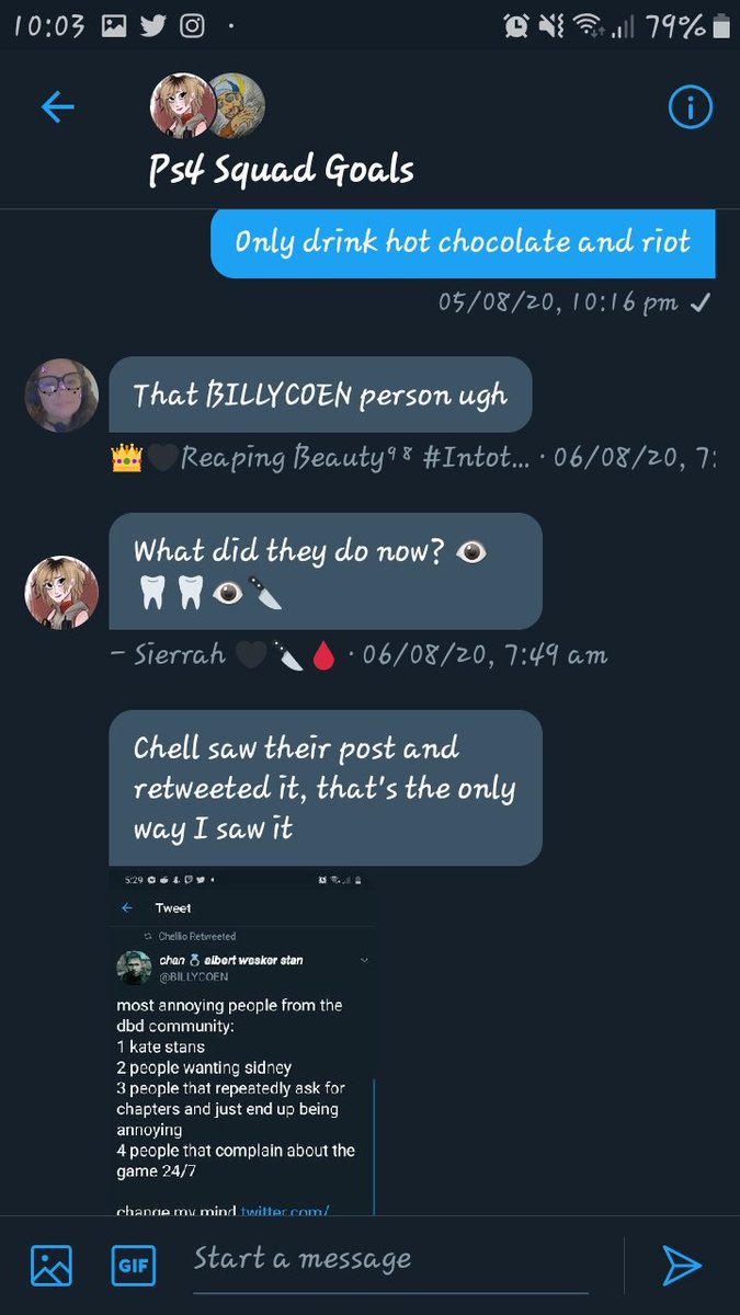 Okay, after a bit of consideration, I decided: fuck it. Let's post all the screenshots. After all, she didn't respect "what happens on DMs stays in DMs" when she was slandering Chelsey for warning Mike about things we heard from a mutual friend 