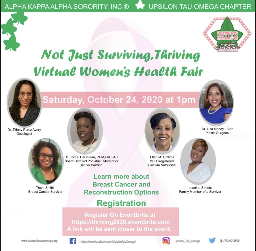 UTOAKA1908's tweet photo. The Upsilon Tau Omega Chapter, Women’s Healthcare Committee, invites you to our virtual “Not Just Surviving, Thriving” Health Fair!!

Register today on eventbrite at https://t.co/8fEzdxOZr3 #VirtualWomensHealthFair #UTO1908 #NAR1908 #AKA1908 https://t.co/AxmwPbJ9MO