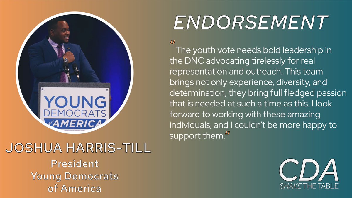 CDASTT's tweet photo. STT Endorsement: Joshua Harris-Till, President - Young Democrats of America
@JHarrisTill @youngdems
#CDAShaketheTable https://t.co/sTXSRu66jp