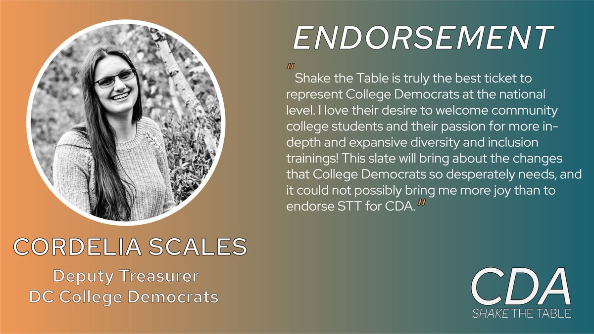 CDASTT's tweet photo. STT Endorsement: Cordelia Scales, Deputy Treasurer - DC College Democrats
@CordeliaEScales
#CDAShaketheTable https://t.co/akfWIUsMR9