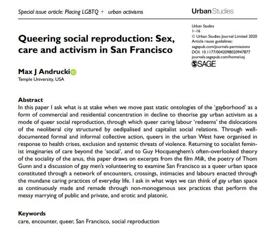 USJ_online's tweet image. Latest paper by @maxkentucky asks in what ways can we think of gay #UrbanSpace as continually made and remade through non-monogamous sex practices? ow.ly/6fb750BbQht #SocialReproduction #care