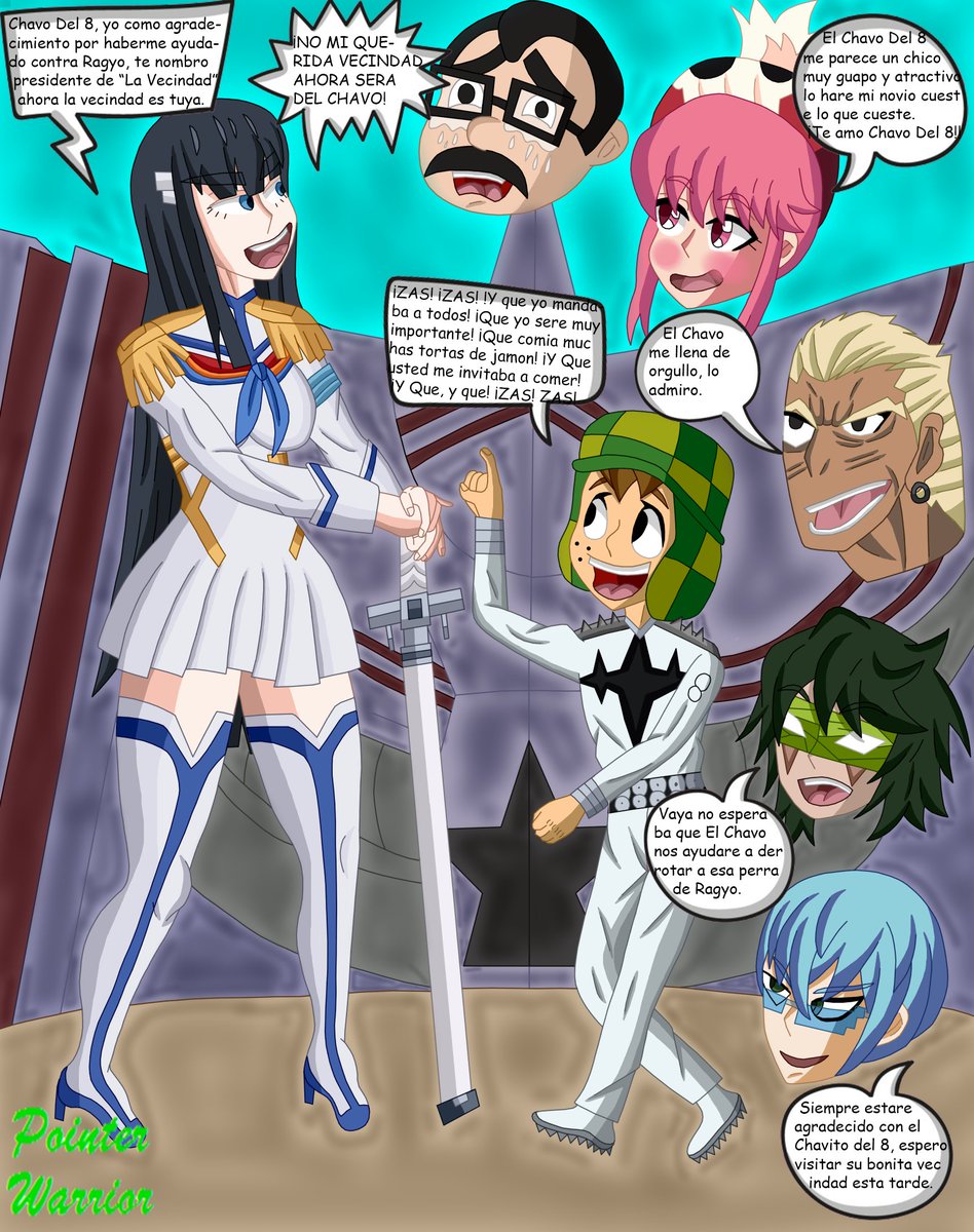 PointerWarrior's tweet photo. El Chavo Del 8 fue nombrado "Presidente de la Vecindad" Por Satsuki Kiryuin y los miembros de la élite están muy felices por esto, aunque el Señor Barriga no esta tan contento que digamos por que el ya no sera el dueño de la vecindad XD.
#KillLaKill
#El_Chavo_Del_8
#Kill_La_Kill https://t.co/GHzsniOv39