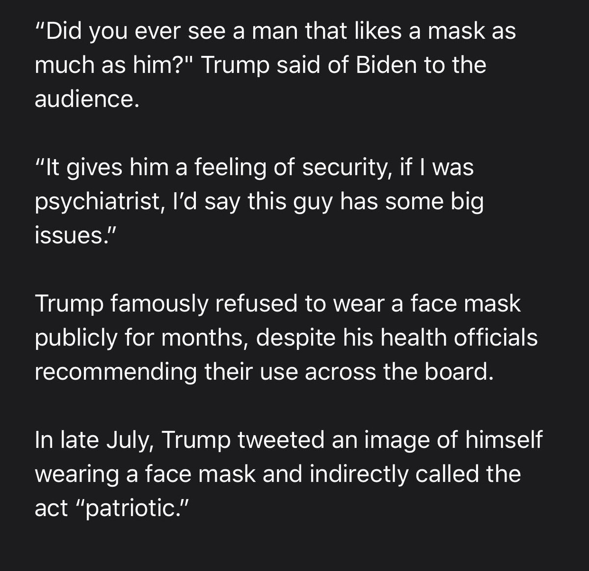 Not a surprise that there are few people wearing masks when they hear the President mock others for wearing them. This is what he said about  @JoeBiden’s frequent mask usage. via/  @AlliemalCNN