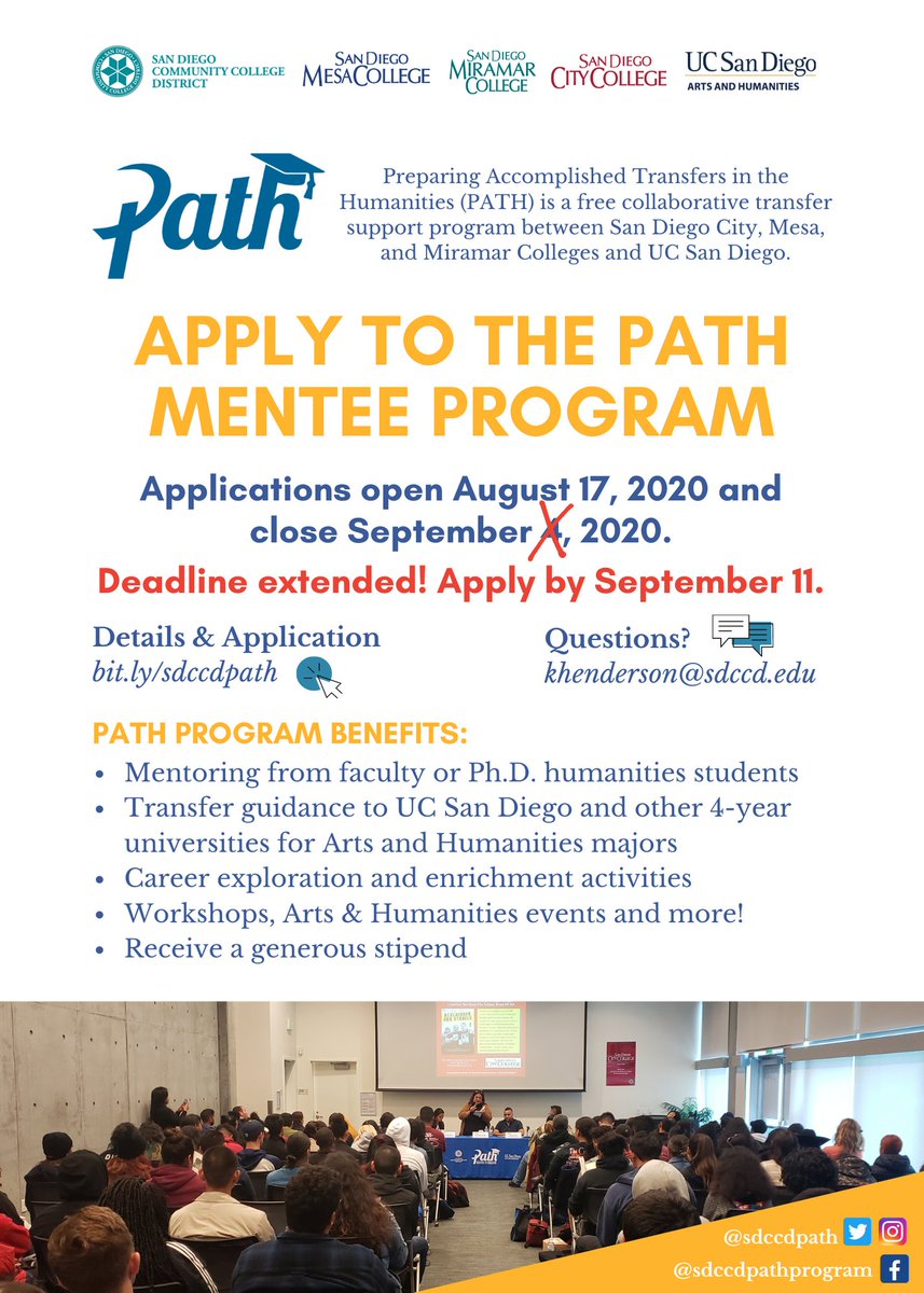sdccdpath's tweet image. 📢 PSA: the Peer Mentee Program Application deadline has been extended! 📢 APPLY BY SEPTEMBER 11, 2020. Open to City, Mesa or Miramar College students majoring in the Arts &amp;amp; Humanities. Visit bit.ly/sdccdpath for more information💻 forms.gle/xHPnpg1uqAD8ri…